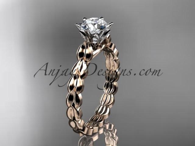زفاف - 14k rose gold diamond vine and leaf wedding ring, engagement ring with "Forever Brilliant" Moissanite center stone ADLR35