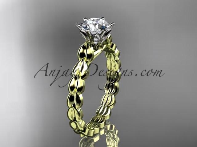 Hochzeit - 14k yellow gold diamond vine and leaf wedding ring, engagement ring with "Forever Brilliant" Moissanite center stone ADLR35