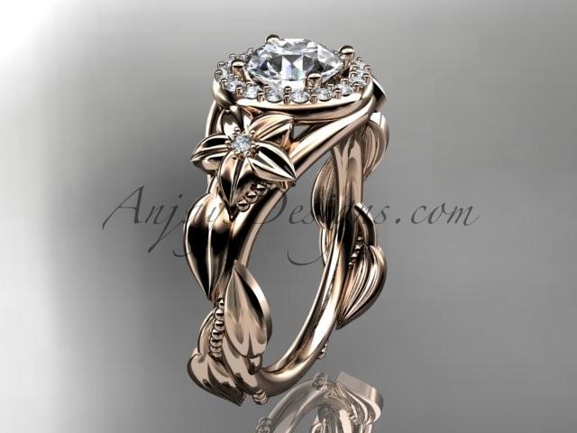 Wedding - 14k rose gold diamond unique leaf and vine, floral engagement ring with a "Forever Brilliant" Moissanite center stone ADLR327