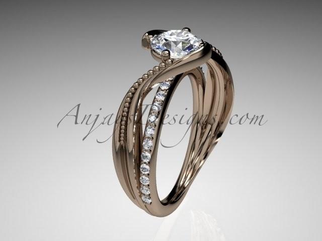 زفاف - 14kt rose gold diamond leaf and vine wedding ring, engagement ring with "Forever Brilliant" Moissanite center stone ADLR78