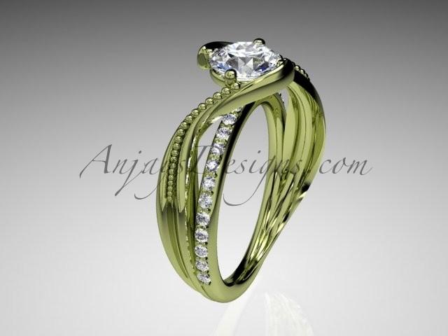 زفاف - 14kt yellow gold diamond leaf and vine wedding ring, engagement ring with "Forever Brilliant" Moissanite center stone ADLR78