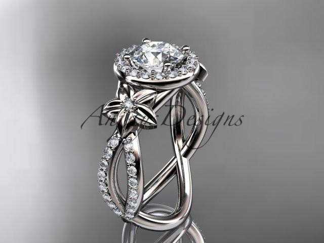 Hochzeit - 14k white gold leaf and flower diamond unique engagement ring, wedding ring with a "Forever Brilliant" Moissanite center stone ADLR374