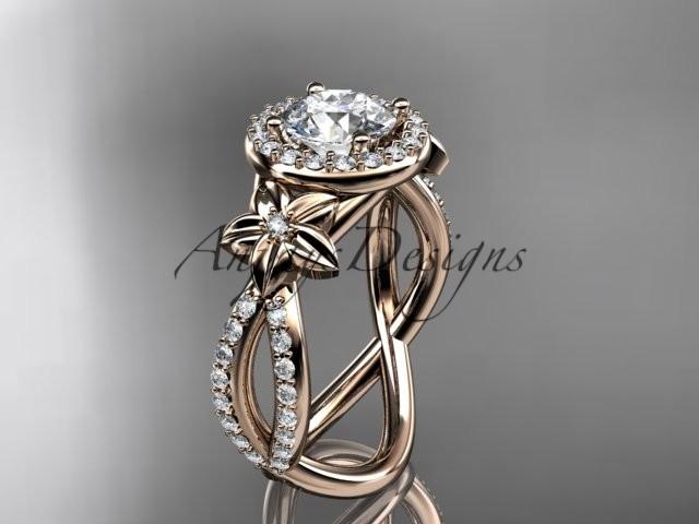 زفاف - 14k rose gold leaf and flower diamond unique engagement ring, wedding ring with a "Forever Brilliant" Moissanite center stone ADLR374