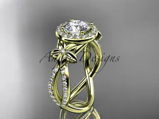 زفاف - 14k yellow gold leaf and flower diamond unique engagement ring, wedding ring with a "Forever Brilliant" Moissanite center stone ADLR374