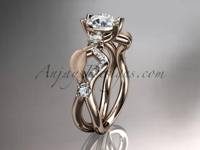 زفاف - 14kt rose gold diamond leaf and vine wedding ring, engagement ring, wedding band with "Forever Brilliant" Moissanite center stone ADLR68