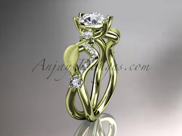 زفاف - 14kt yellow gold diamond leaf and vine wedding ring, engagement ring, wedding band with "Forever Brilliant" Moissanite center stone ADLR68