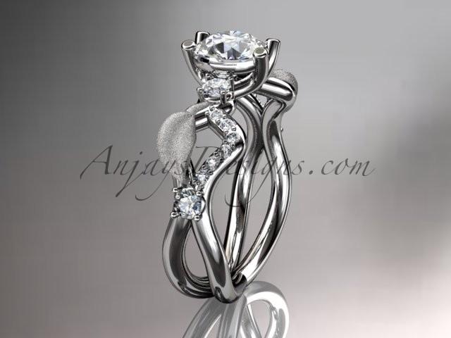 زفاف - Platinum diamond leaf and vine wedding ring, engagement ring, wedding band with "Forever Brilliant" Moissanite center stone ADLR68
