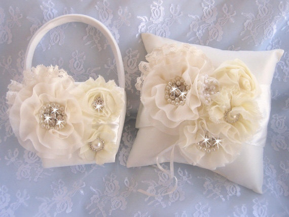 Mariage - Lavish Flower Girl Basket  Ring Bearer Pillow, Flower Girl Basket Set Wedding Pillow Elegant and Classic