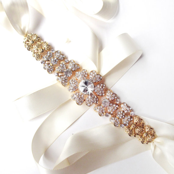 زفاف - Gold Floral Rhinestone Encrusted Bridal Belt Sash - White Ivory Silver Satin Ribbon - Wedding Dress Belt - Crystal Flower