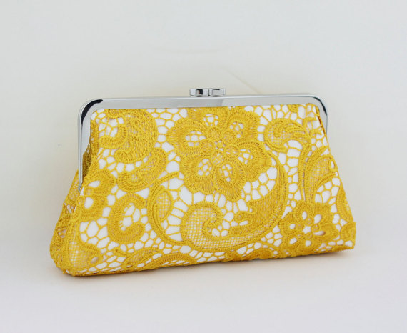 Свадьба - Mustard Lace on White Clutch / Wedding Gift / Bridal Clutch / Bridesmaid Purse Clutch - 8 inches Christine Style Clutch