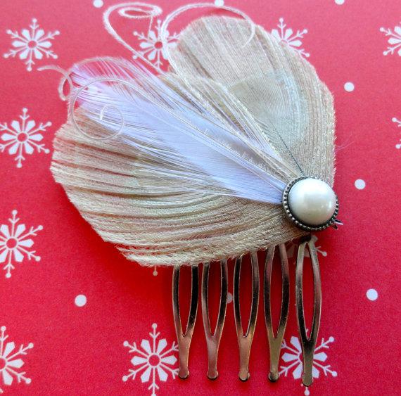 زفاف - VIVIENNE Ivory Peacock Hair Comb, Feather Fascinator