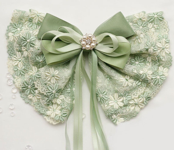 Wedding - French Lace Fabric Oversized Bow Barrette, Vivian, Pastel Green - big hair bow, large bow, pearl, wedding headpiece
