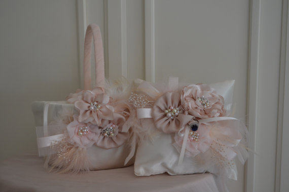 Wedding - MADE TO ORDER, Blush Flower Girl Basket and Ring Pillow,Blush,champagne,cream,ivory,Satin,Tulle,Feathers and flower basket and pillow.