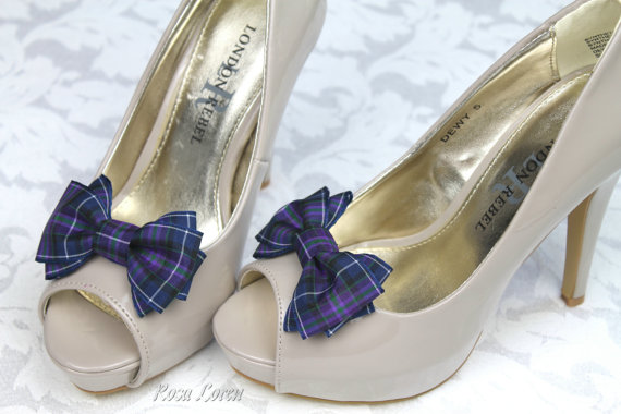 Wedding - Tartan Bow Shoe Clips, Plaid Shoe Clip, Celtic Bow Clip Shoes, Purple Tartan Shoe Bows