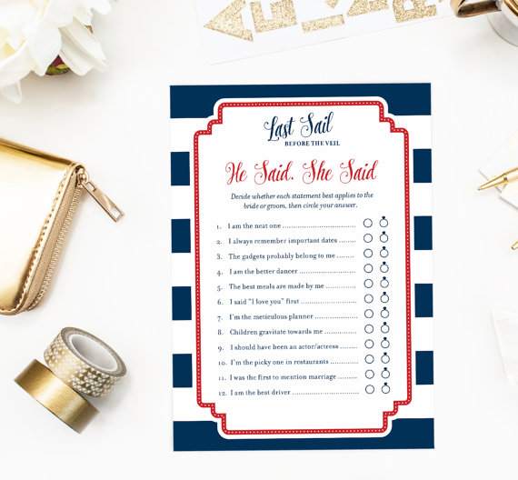 Mariage - He Said, She Said Game, Nautical Bridal Shower Printable Game, Couples Shower, Last Sail Before the Veil, According to Groom and Bride