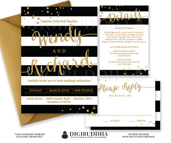 Свадьба - BLACK & WHITE WEDDING Invitation Gold Glitter Confetti 3 Pc Suite RSvP Enclosure Card Stripe Invite Free Shipping or DiY Printable- Wendy