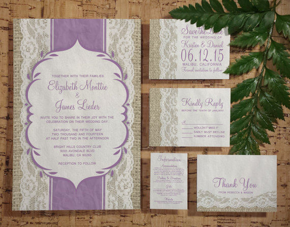 Wedding - Purple Vintage Linen Burlap/Lace Wedding Invitation Set/Suite, Invites, Save the date, RSVP, Thank You Cards, Printable/Digital/PDF/Printed