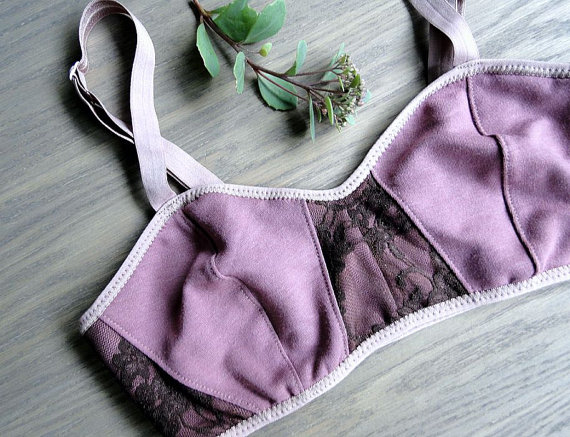 Hochzeit - Lace bralette, organic cotton bra, handmade lingerie, dusty berry brown lace