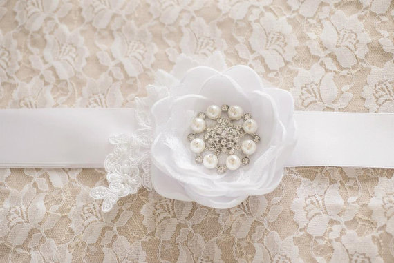 Wedding - SALE Wedding Flower Sash. White Wedding Sash. White Bridal Flower Sash.