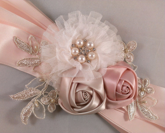 Hochzeit - Champagne Blush, Ivory, Gold & Peach Bridal Sash Belt With Lace Applique - Lace Bridal Sash