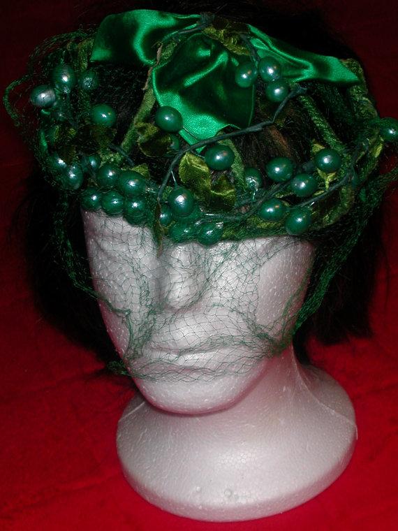 Wedding - Vintage 50s Millinery Wire Frame Green Satin Fruit Berry Covered Headband Halo Hat with Nylon Veil Netting -One Size