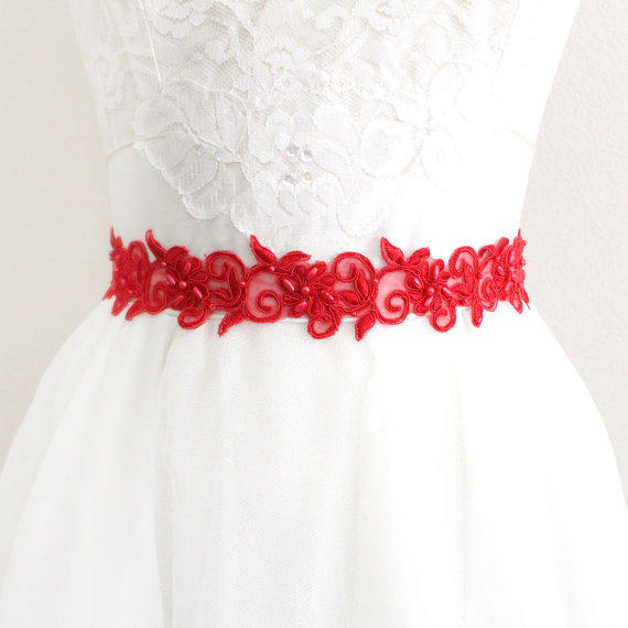 Wedding - Red Beaded Lace with Red Ribbon Sash or Headband, Bridal Sash, Bridesmaid Sash, Flower Girl Sash, SH-43