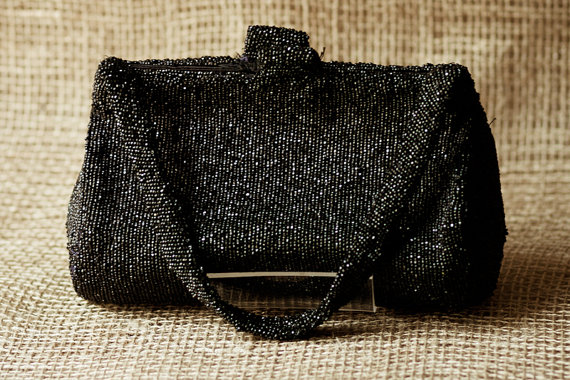 زفاف - Vintage  Black Beaded Evening Bag / Clutch / Purse with Handles / Wedding Handbag