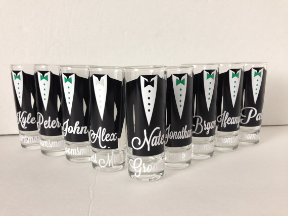 Hochzeit - Personalized Shot Glasses with Tuxes, Groom and Groomsmen Wedding Glasses (1)
