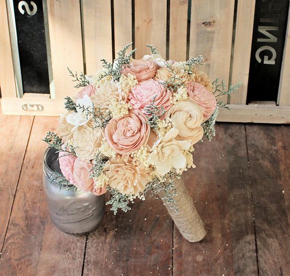 زفاف - Handmade Alternative Wedding Bouquet - Ivory Blush Nude Bridal Bridesmaid Bouquet, Sola Flower, Natural Bouquet, Keepsake Bouquet