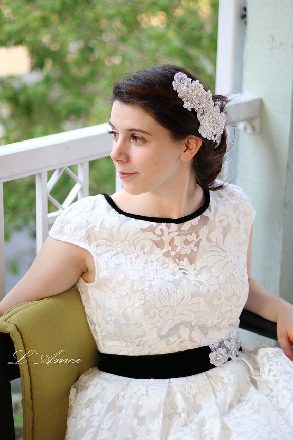 Hochzeit - Embroidered organza Ivory-White Romantic Simple outdoor Style Wedding Dress ,V neck black sash wedding Gown- AM19828691