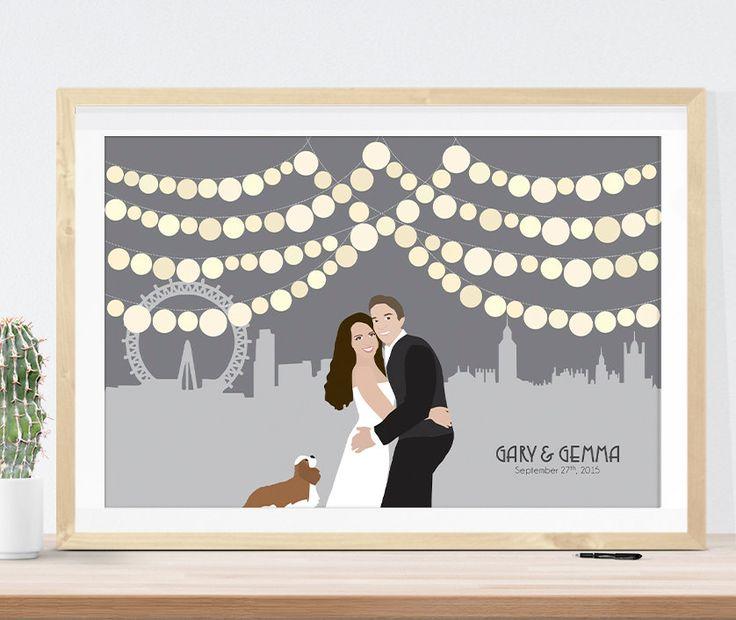 Hochzeit - Custom Wedding Sign With London Skyline, Wedding Guest Book Alternative With Lanterns For Guests To Sign