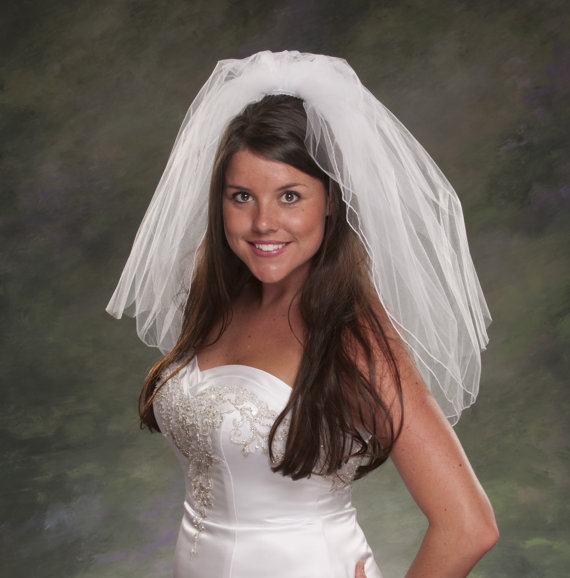زفاف - Pencil Edge Finish Wedding Veil Ivory Double Layer Shoulder 26 Plain Blusher 24 White Bridal Hair Comb