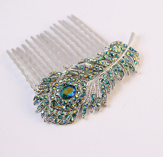 Wedding - Teal Blue Peacock Feather Hair Comb Wedding Bridal Bridesmaid Prom Feather Comb Hairpiece Teal Wedding Hair Jewelry Bridesmaid Gift