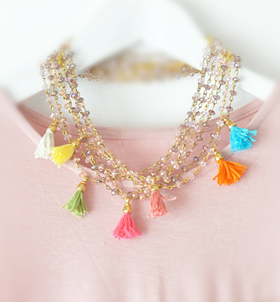 Wedding - Layering Beaded Necklaces - Bridesmade Jewelry - Multi Pink Purple Necklace - Pastel Tassel Necklace - Set of 4 - Wedding Jewelry