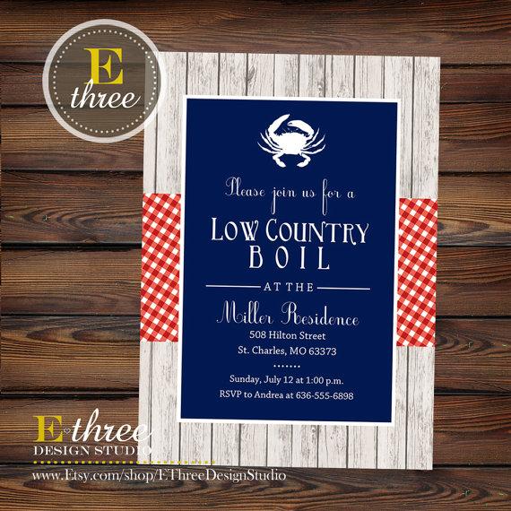 Mariage - Printable Seafood Boil Invitation - Low Country Boil Invite - Rehearsal Dinner Invite - Summer Seafood Party - Red, White, Blue Gingham