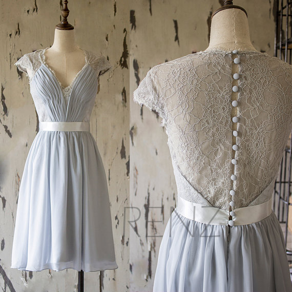 Mariage - 2015 Grey Lace Bridesmaid Dress,Short Sleeve Wedding dress, Formal Dress,Gray Long Prom Dress,Tea Length Cocktail Dress(F143)-Renzrags