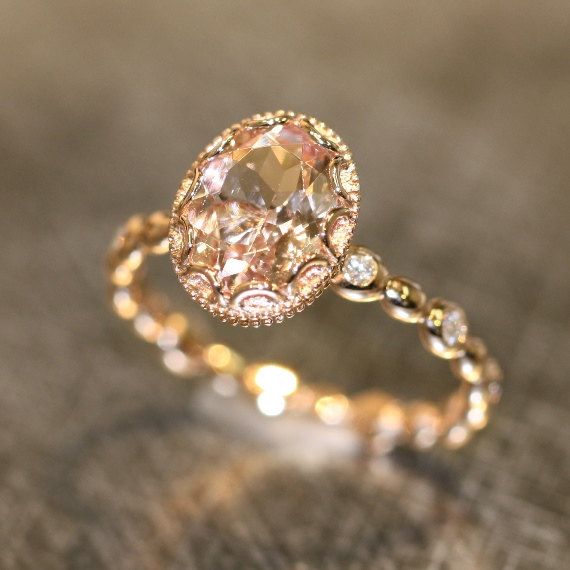 Hochzeit - Floral Morganite Engagement Ring In 14k Rose Gold Diamond Pebble Ring 9x7mm Oval Pinkish Peach Morganite Wedding Ring (Bridal Set Available)