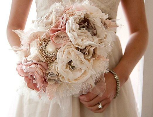 Wedding - Fabric Flower Custom Wedding Bouquet, With Rhinestone And Pearl Brooches, Choose Your Colors