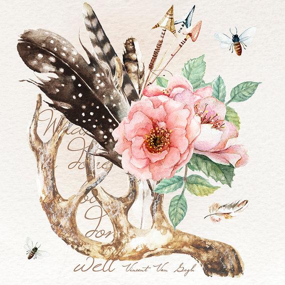 زفاف - Watercolor Clip Art  Antlers, Stag horns, Arrows, Feathers, Flowers  Hand Drawn, Boho style, transparent, digital  png
