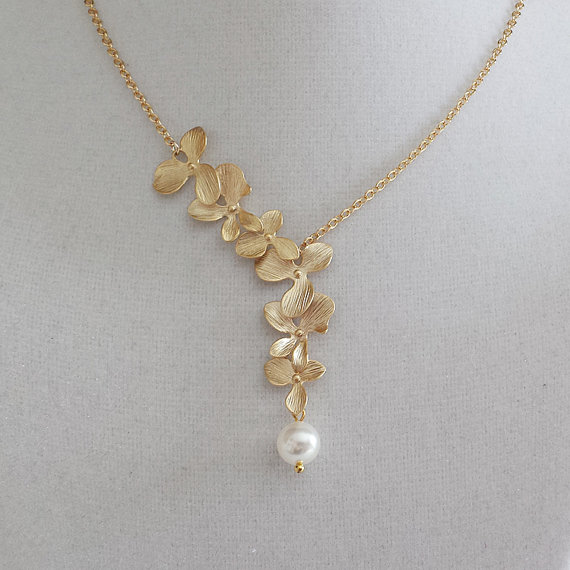 Wedding - Statement Necklace, Lariat, Pendant, Wedding Jewelry, Bridesmaid, Bridal, Personalized, Anniversary, Orchid Flower, White Pearl, Gift