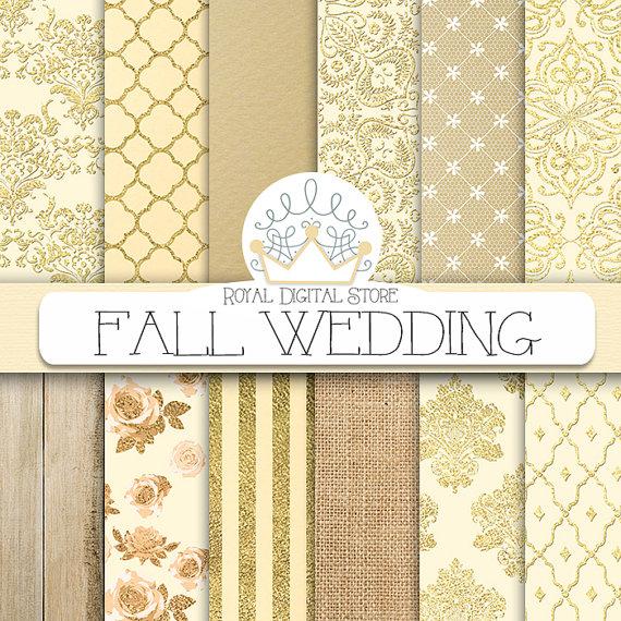 Mariage - Wedding Digital Paper: 'Fall Wedding' with wedding damask, wedding lace, gold wedding backgrounds for scrapbooking, invitations, cards
