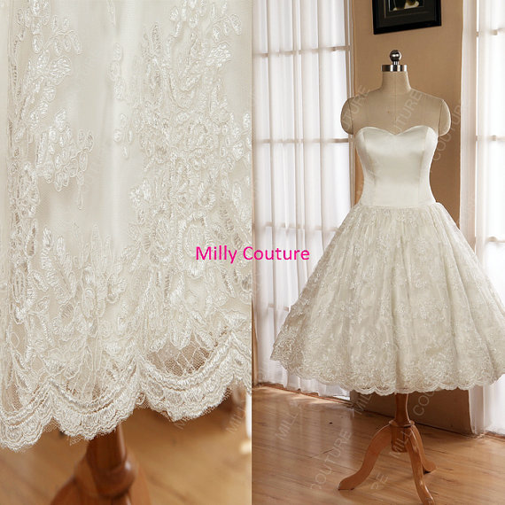 Hochzeit - Strapless lace wedding dress, Full circle skirt short wedding dress, white lace dress 50s wedding, Fifties style wedding dress
