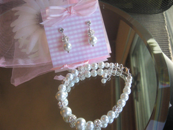 Hochzeit - Flower Girl or Youth Swarovski Pearl and Rhinestone Silver Bracelet and Rhinestone Stud Earring Set - Wedding Day Special