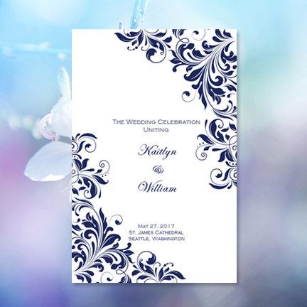 Wedding - Catholic Church Wedding Program "Kaitlyn" Navy Blue 8.5 x 11 Fold Word.doc Template Instant Download ALL COLORS Available DIY U Print