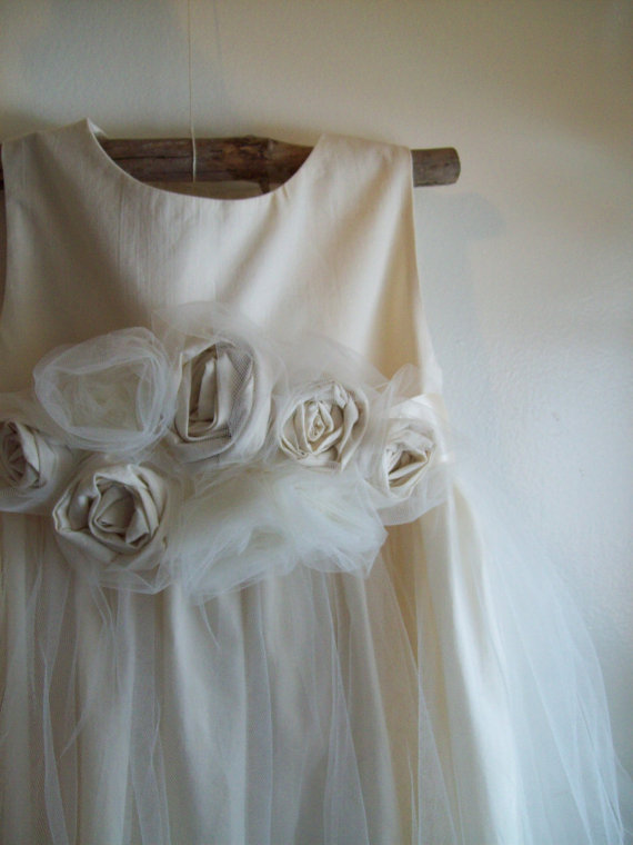 Wedding - Dew on Roses.. natural cotton flower girl dress sz 6 and up