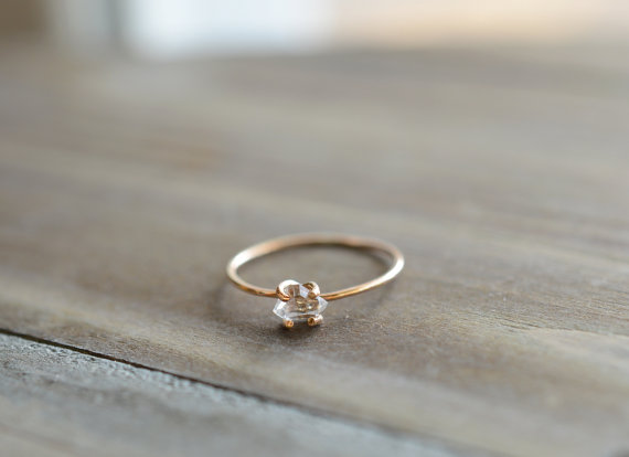 Wedding - Herkimer Ring. Tiny Herkimer Diamond Quartz. Engagement Ring. Gold Herkimer Prong Ring. Delicate Everyday Quartz Jewelry. April Birthstone