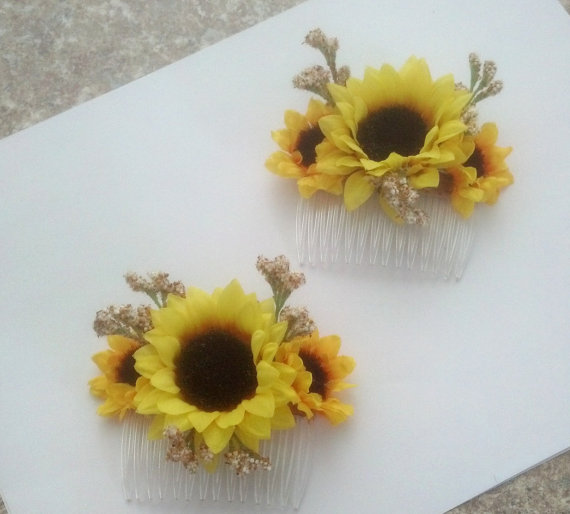 Mariage - Summer Weddings hair accessories sweet Sunflower comb Bridal International shipping artificial babys breath Bridal party flower girl