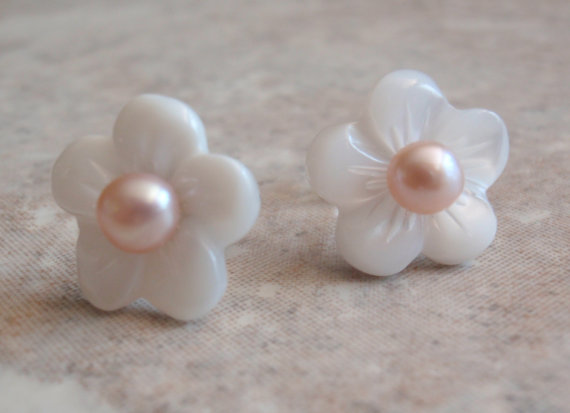 Mariage - Pearl Plumeria Earrings Sterling Silver Carved Mother of Pearl MOP White Wedding Bridal