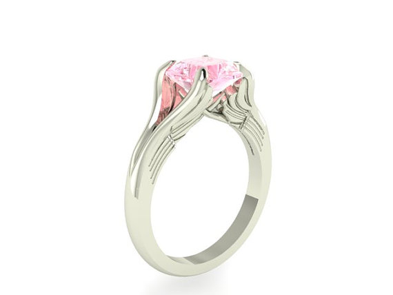زفاف - Engagement Ring Angel Wings,  Genuine Natural Morganite Stone Set in 14k White Solid Gold, Wedding and Engagement ring