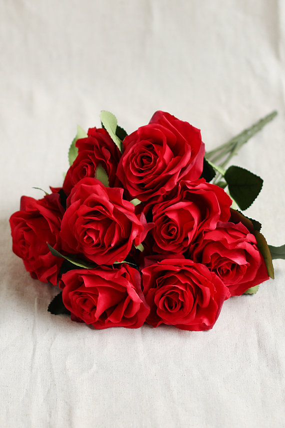 زفاف - 10pcs Red Artificial Rose Flowers - Silk Rose - Real Touch Rose Arrangement - Floral Decoration - Wedding Party Table Centerpiece-FATROS022